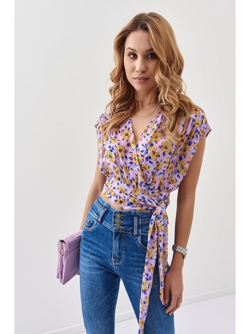 Chiffon blouse with ties in a floral print, lilac and yellow 20450 - Online store - Boutique